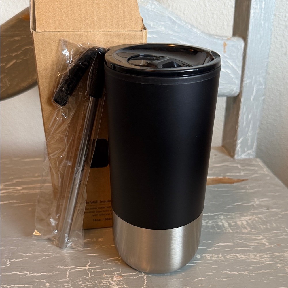 Black Stainless Steel Travel Tumbler with Straw